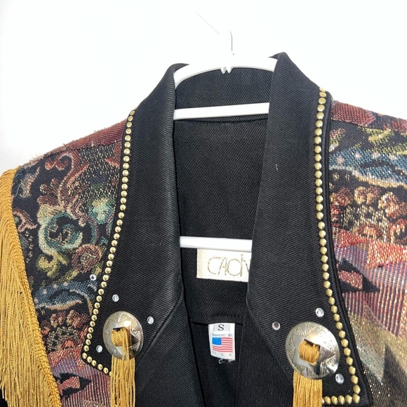 CACHE VINTAGE western Black and Gold Fringed Women's Jacket small - Picture 16 of 16